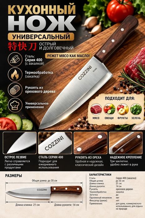Кухонный шеф нож COZZINI 21 см универсальный для кухни