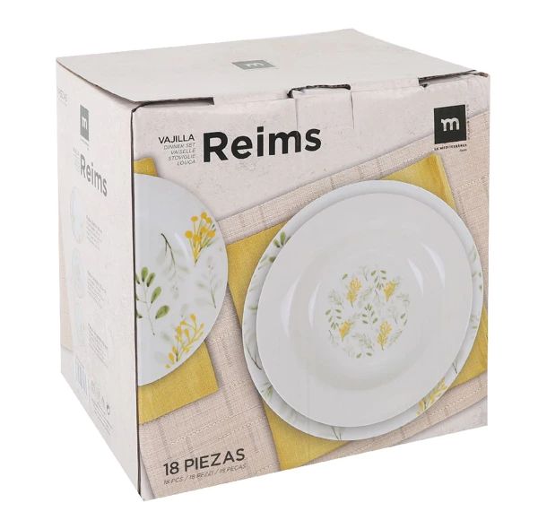 Set vesela masa Reims 18 piese, portelan decorat, rotund, Culoare Alb