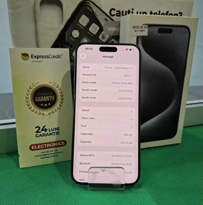 Iphone 15 Pro Max 256Gb 87% Bateria (AG44 Bc2 B:6517)-Garantie 2 ani!