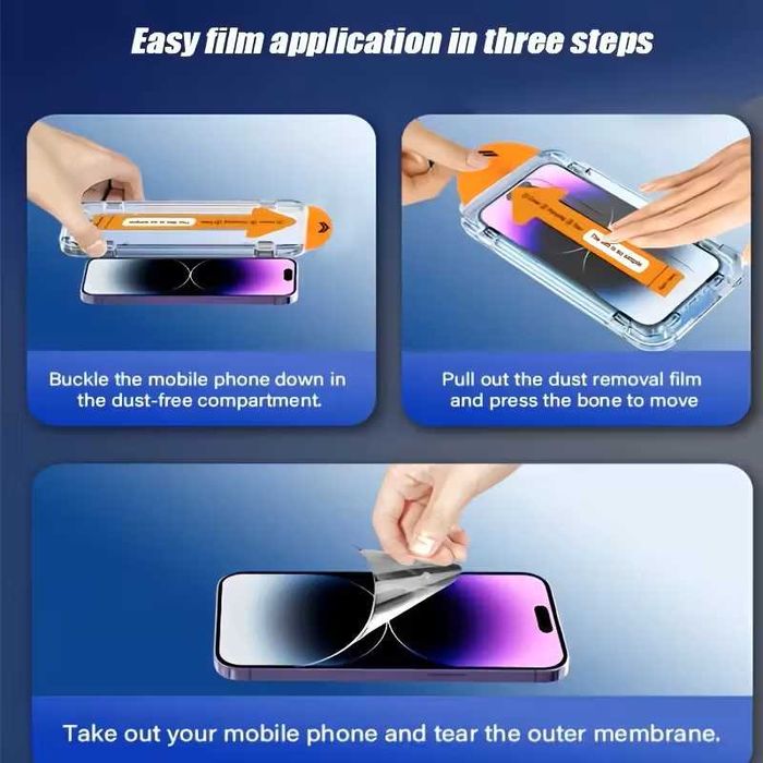 Set 2 bucati folie sticla iphone 14 pro max/15 plus cu sablon aplicare