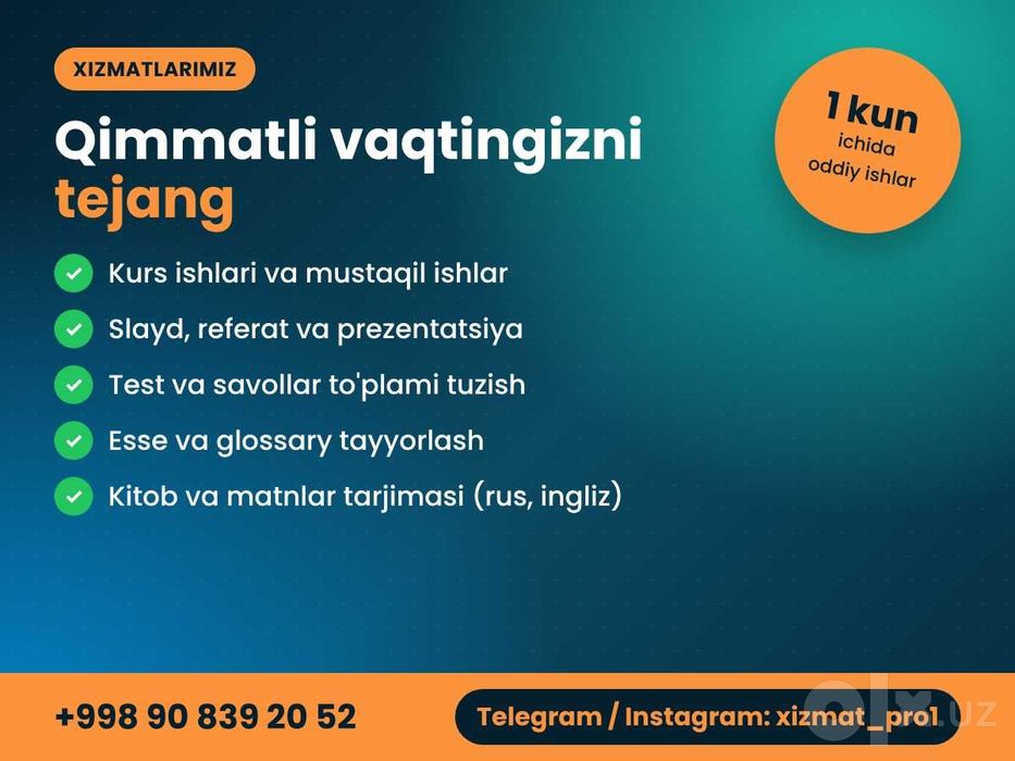 Kurs ishi, slayd, test, esse, tarjima — talabalar uchun