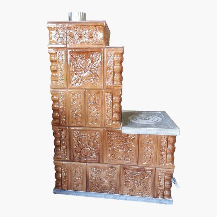 Soba de teracota de gatit cu plita pe roti