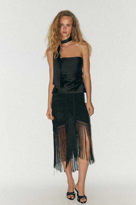 ZARA нова стилна , сатенирана блуза тип шал с драперия  ,размер S