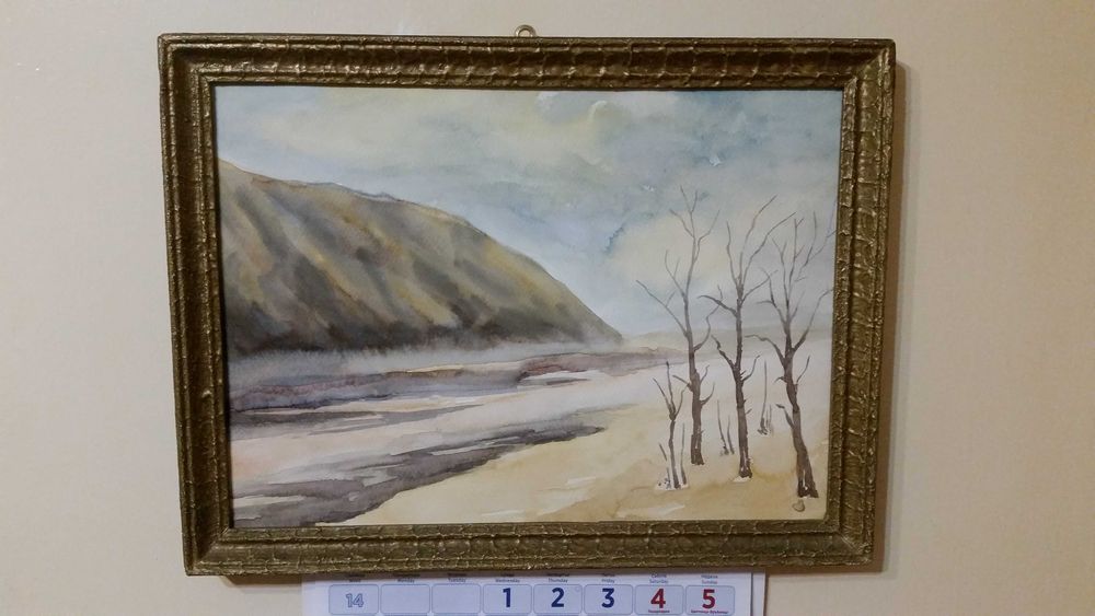 Красив пейзаж, рисуван с акварел. Голям! 44 на 33 см. В златна рамка.