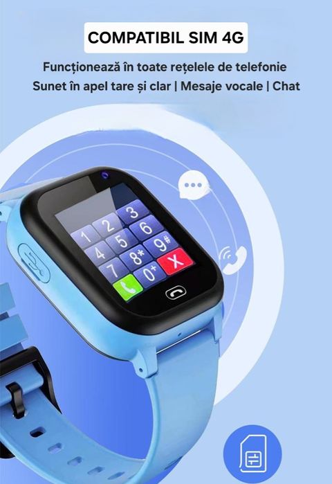Ceas GPS Localizare Copii. SIM 4G. Apel/Mesaje/Foto/Lanternă/SOS.