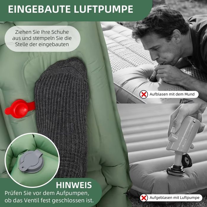 Saltea de camping inflatabilă cu pompă integrată și pernă, verde militar, nouă, drumeții / cort