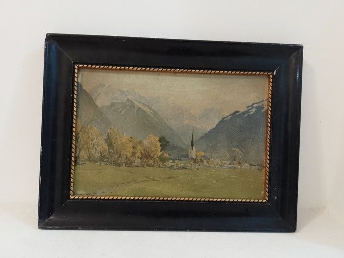 Tablou vechi lucrare încadrată într-o ramă din lemn masiv , dimensiuni