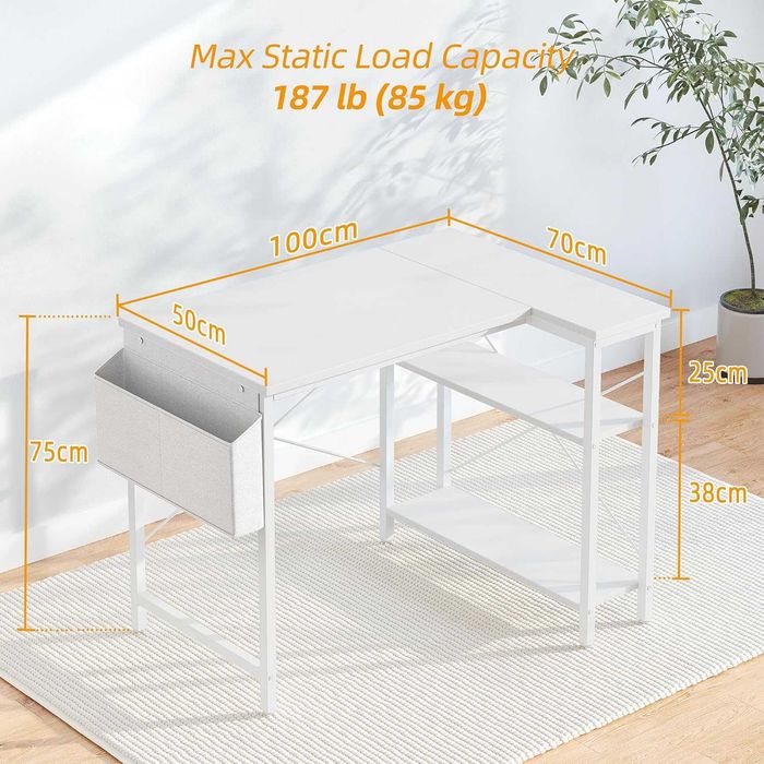 Birou Gaming în L, Reversibil, cu Rafturi de Depozitare, 100 × 70 cm, Alb