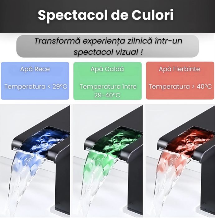 Черен LED смесител/батерия за мивка тип водопад с RGB осветление