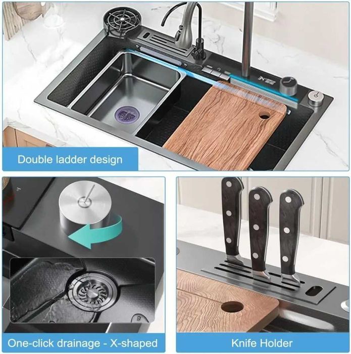 Мултифункционална кухненска мивка с двоен водопад и джоб за прибори