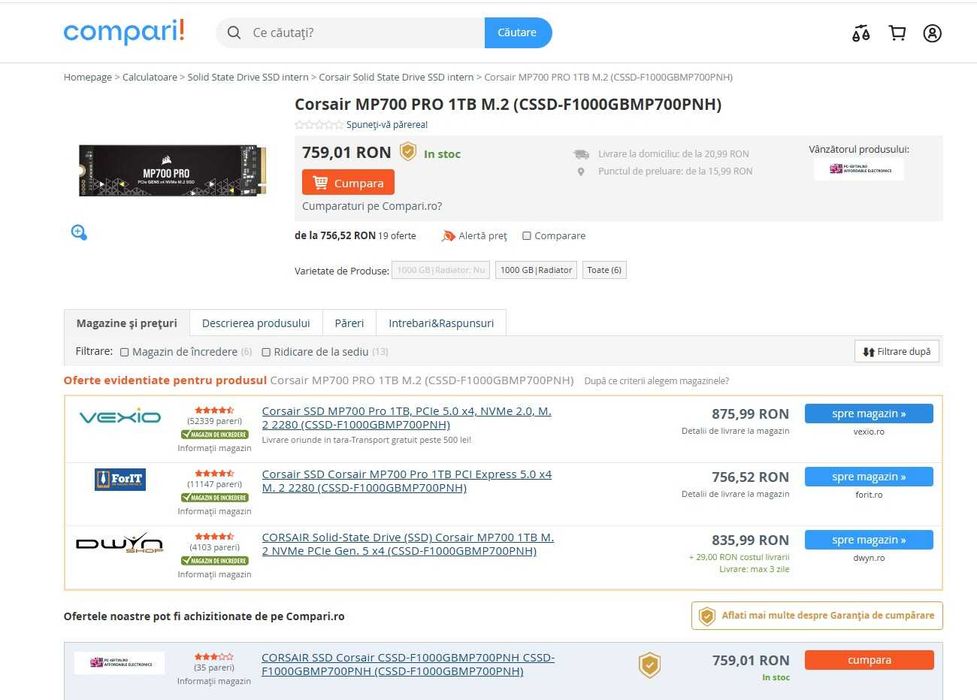 SSD Corsair MP700 PRO de 1 TB, PCIe Gen 5.0 x4, NVMe, M.2, 12400 MB/s