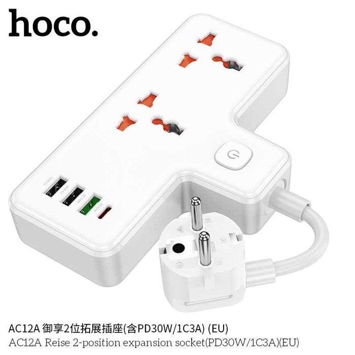 Hoco AC12A Reise Сетевой фильтр 2 розетками и USB-портами PD30W EU/GER