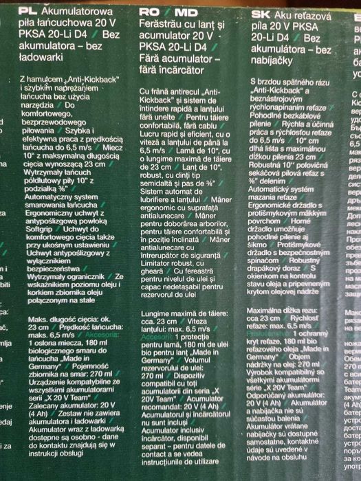 Drujba cu acumulator Parkside PKSA 20Li D4 sigilata in garantie