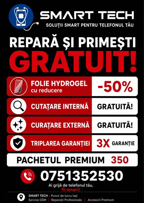 Smart Tech Iasi l Service GSM Iasi | Reparatii iPhone, Samsung, Xiaomi, Huawei | Schimb Display | Schimb Baterie | Reducere 20%
