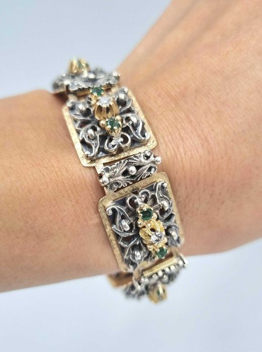 Piesa exceptionala! Bratara veche art nouveau aur 18 k, diamante si smaralde naturale