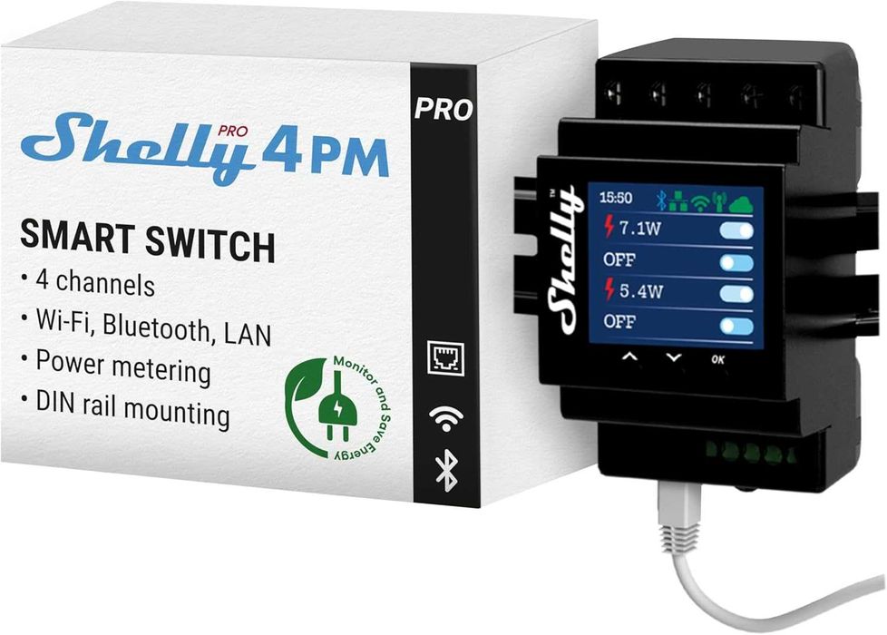 Releu inteligent Shelly Relay 4Pro PM, 4 canale 110–240 V Wi‑Fi Negru