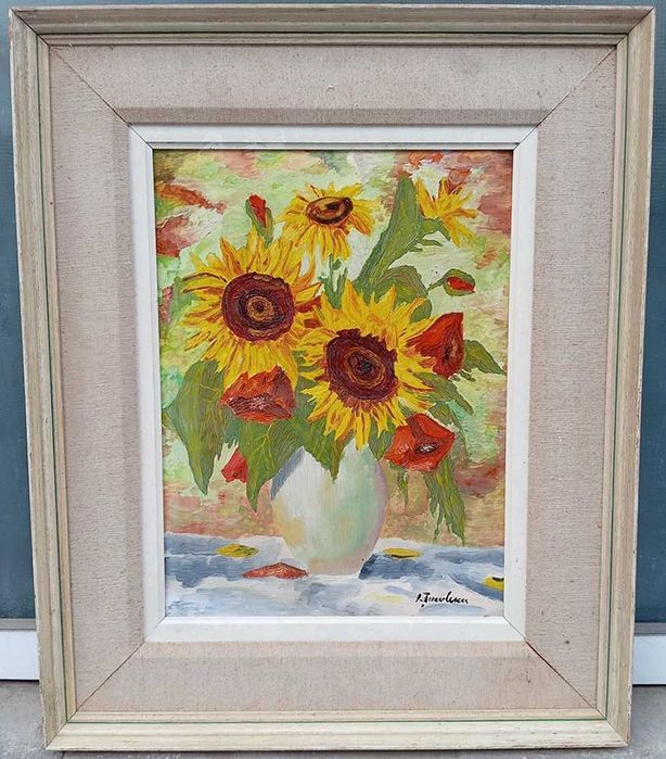 Tablou vechi - floare soarelui si maci - semnat I. Tuculescu
