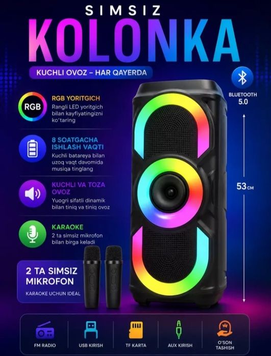 RGB Karaoke Kolonka 2 ta Simsiz Mikrofon bilan — Bluetooth Karaoke Spe
