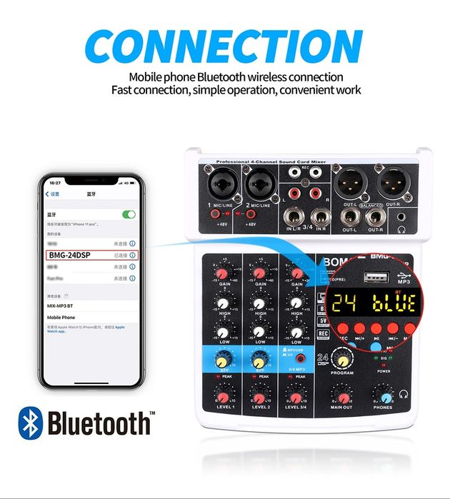 Смесителен пулт BMG-04F DSP24, DJ Mixer, Bluetooth, Usb Player, 24 DSP