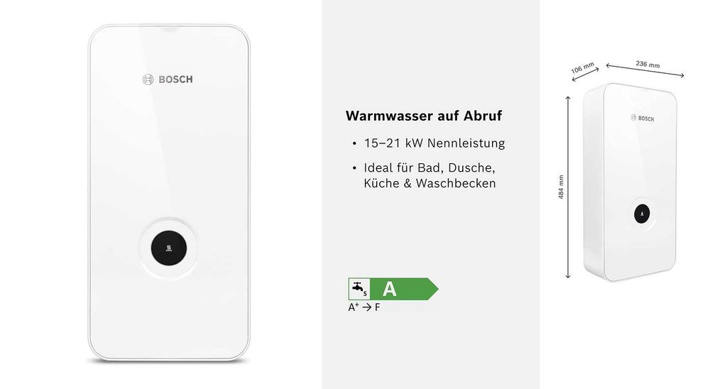 REDUS pana la 40%, BOSCH Boiler instant electric de Apa calda, Consum Clasa A, putere de la 15 la 24 KW , 230 V si 400 V