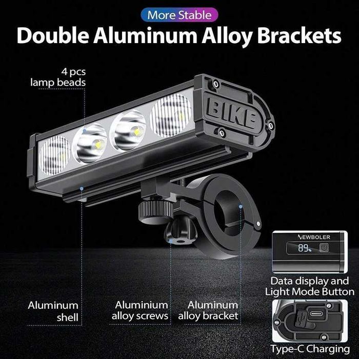 Ултра ярка LED светлина за велосипед с дислей, Фар 2000lum/2000mAh USB