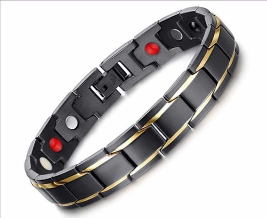 Магнитна гривна за високо кръвно, Mbracelets, Титаниева, Унисекс, 21 см, Черно-златиста