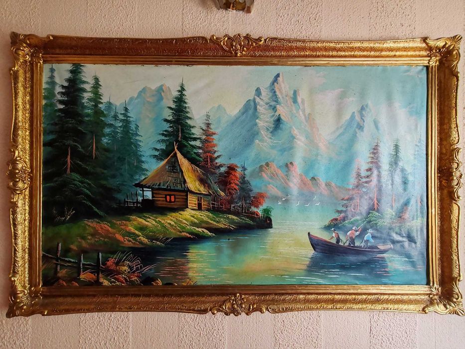 Tablou pictura vintage padure pescari