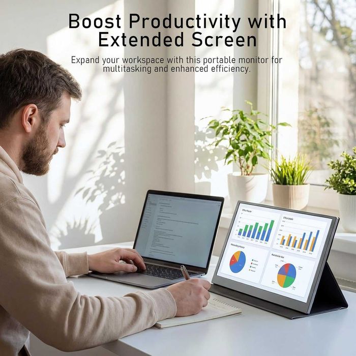 Monitor portabil de 15,6 inch, FHD IPS (1920 x 1080p), antireflex, USB-C și Mini HDMI, cu difuzor integrat și husă de protecție cu suport