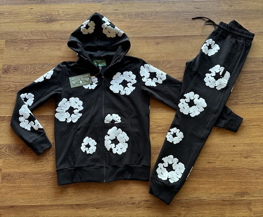 Детски,черен екип Denim Tears,памучен с качулка и джобове