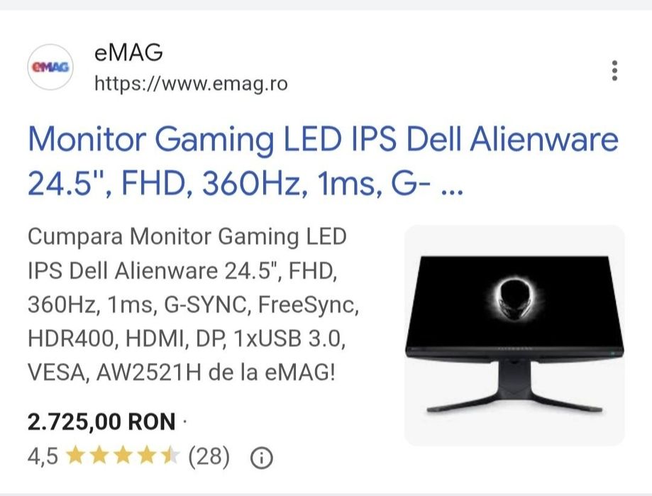 Calculator game vine împreună cu monitor alienware 24.5 360hz 4500lei