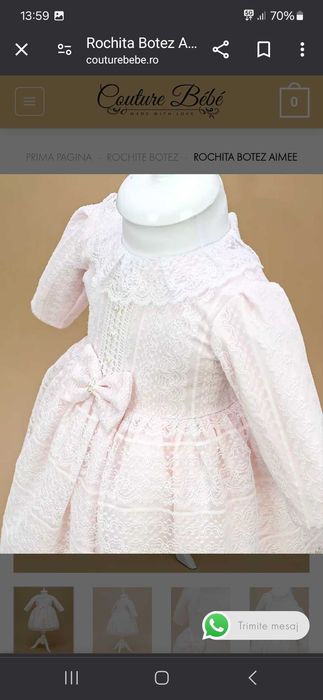 Rochita botez Couture Bebe 3-6 luni cu botosei si boneta
