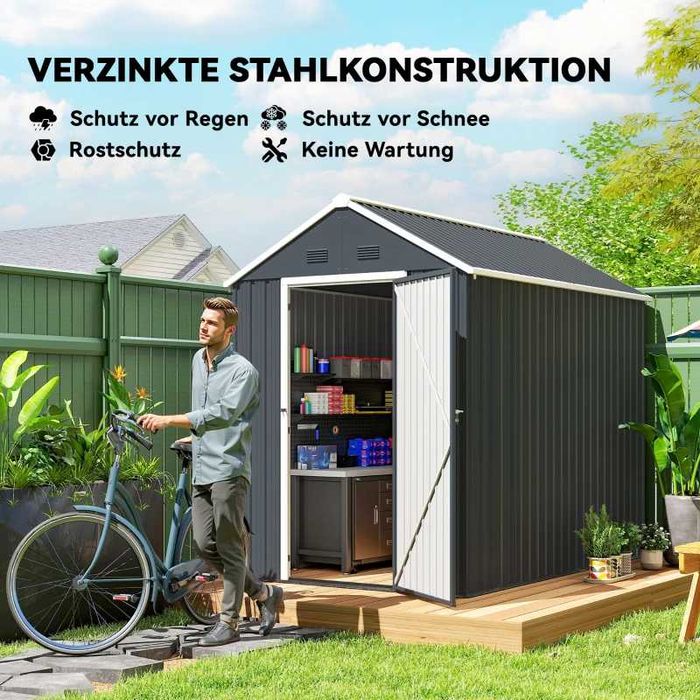 Градински навес Outsunny, метален навес за инструменти, двойна врата, прозорец, 259x172x222 см