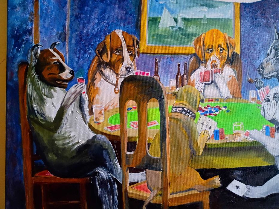 "Trisorii jucand poker", pictura manuala in ulei pe panza