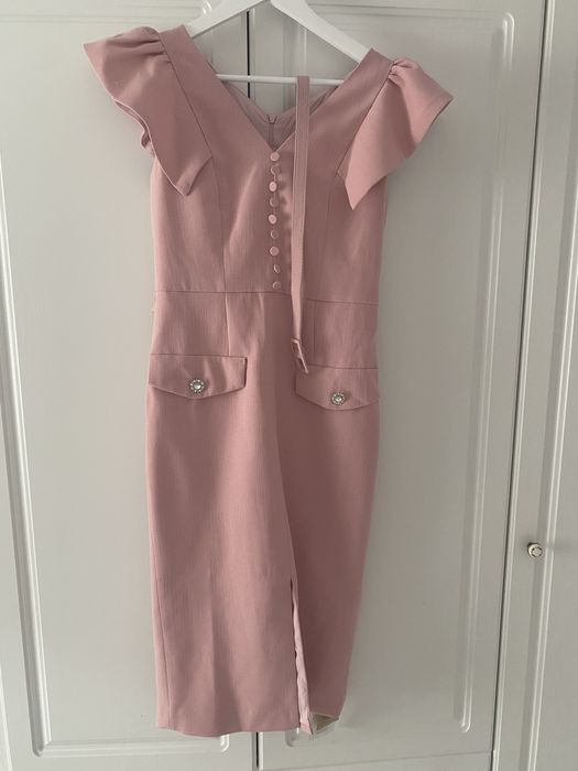 Rochie midi din material premium roz pudra