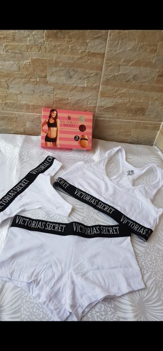 Set victoria secret 3 piese bustiera tanga boxeri alb marime S