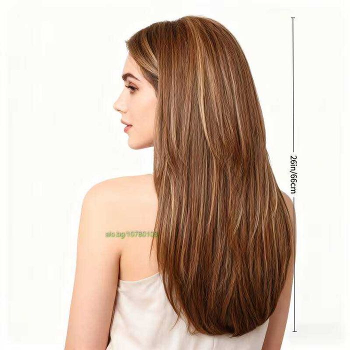 Кафява перука с фини руси кичури и дълъг бретон