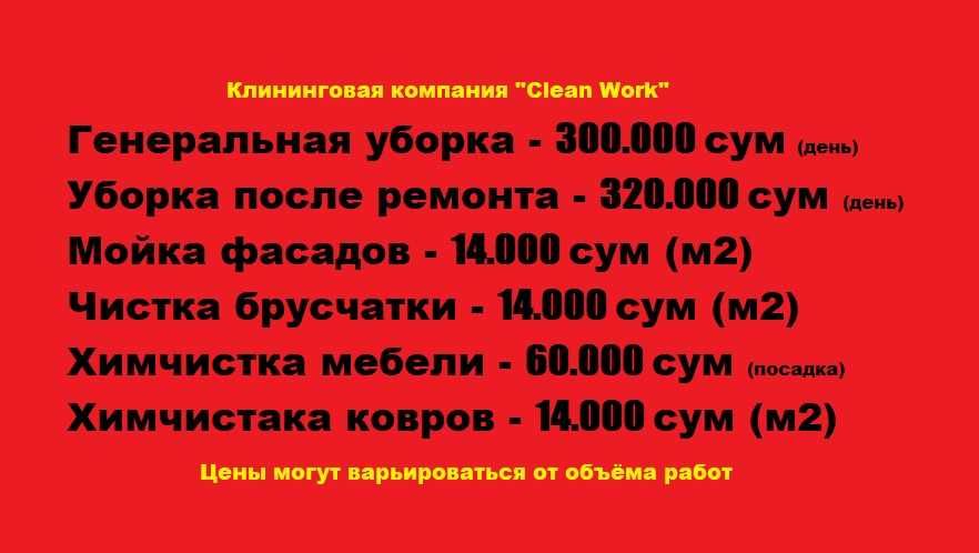 Bruschatka tozalash. Fasad yuvish. Mebel va gilam himchistkasi. Uborka