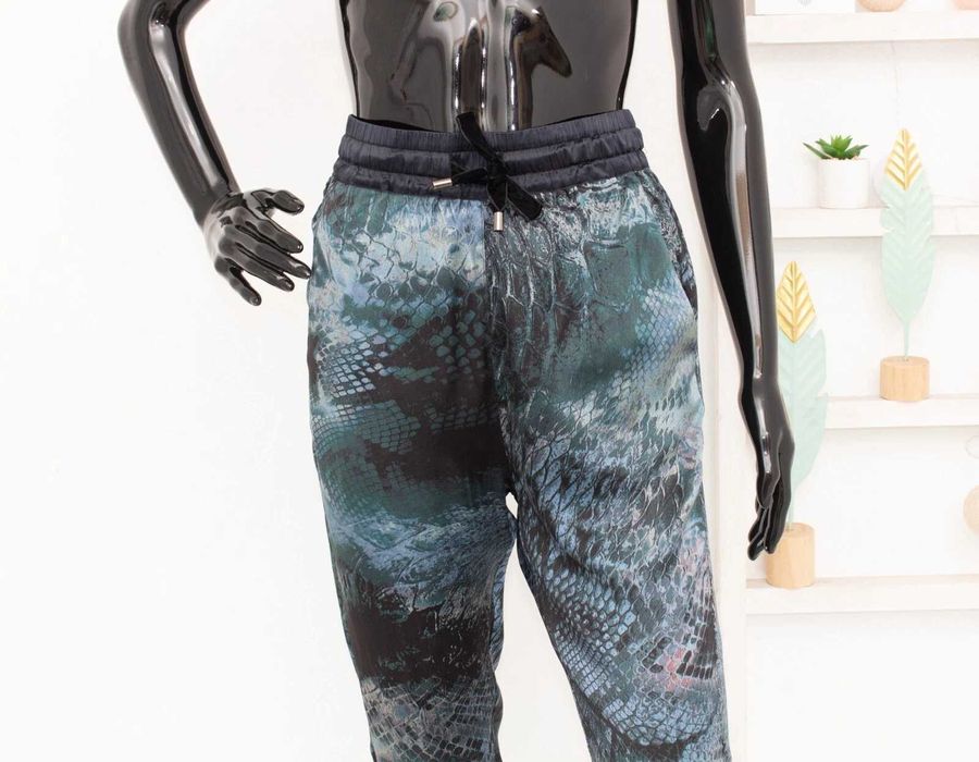 Munthe дамски копринен панталон змийски принт сатен синьо сиво 34 XS