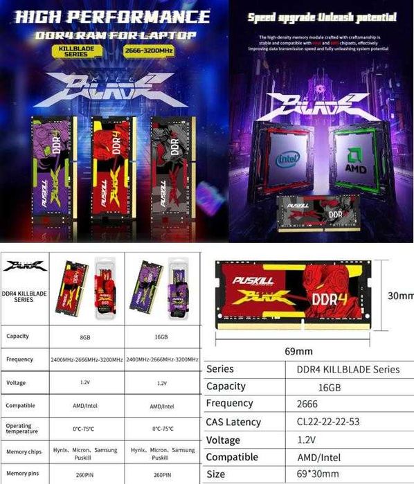 Лаптоп Notebook Laptop RAM 16GB DDR4 2666MHz 1.2V SO-DIMM Оперативна Памет за Лаптоп за Intel и AMD Процесори 260-pin SODIMM Високоскоростна RAM Памет