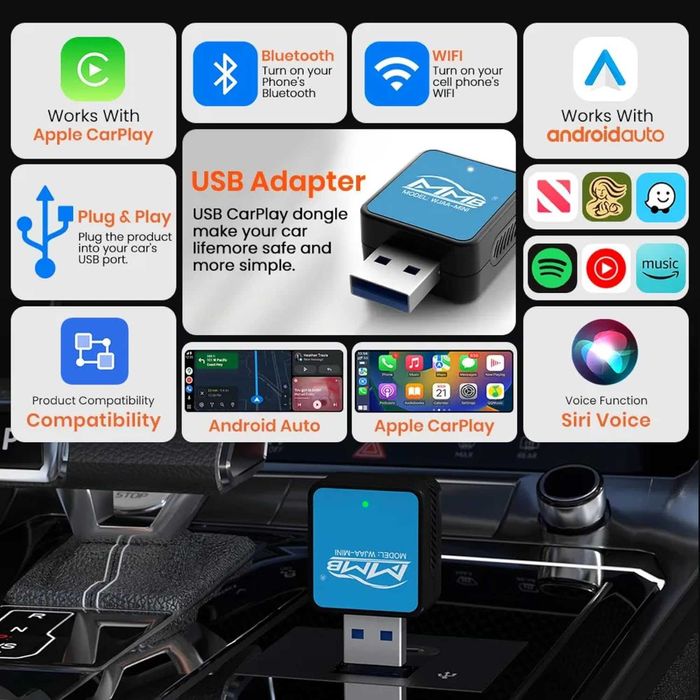 MMB Mini кабелен към безжичен Bluetooth WiFi Carplay адаптер