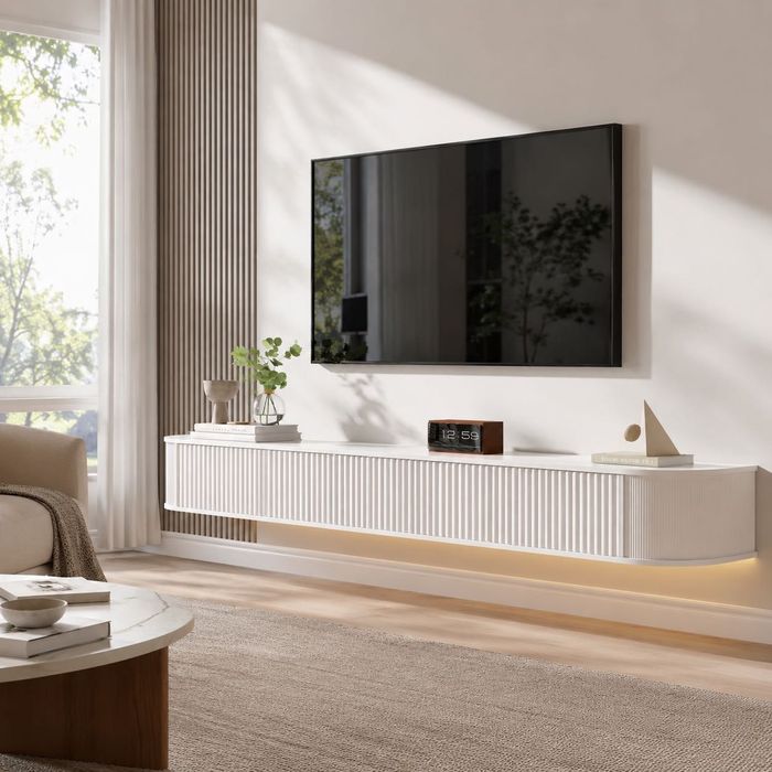 Comodă TV suspendată PURFINO 180 cm, LED RGB, alb, pentru TV 65–75