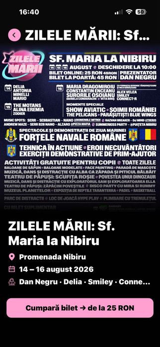 Bilete la Nibiru 16 August 2026 BILETE LA NIBIRU : ZILELE MĂRII