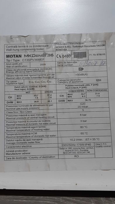 Piese de schimb centrala condensare MOTAN MKDENS 36.