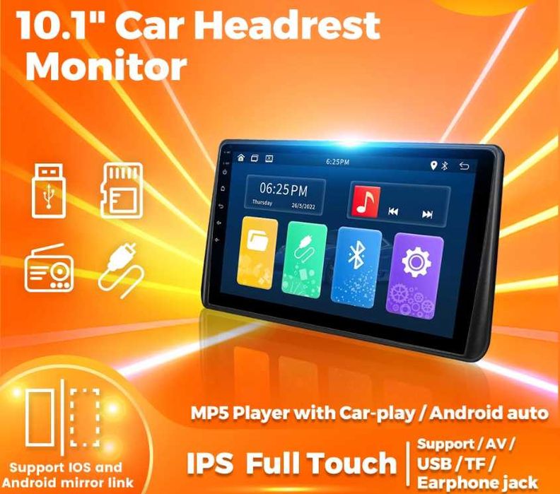 Android Headrest Monitor / Таблет за облегалката на предна седалка | WiFi | Видео | YouTube | Carplay | AndroidAuto