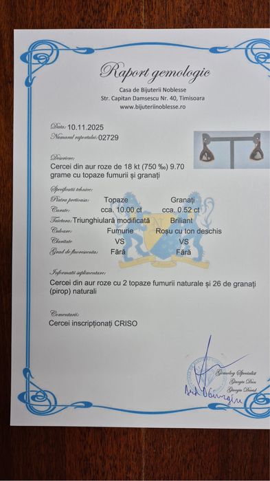 Cercei aur 18 k cu topaz fumuriu si granate rosii