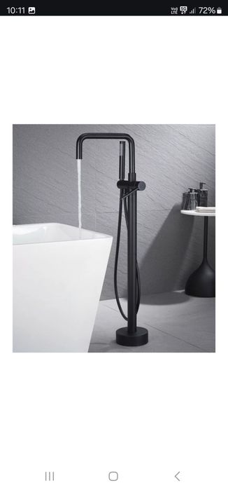 Baterie cada freestanding negru mat, pipa pivotanta 360 de grade