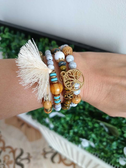 Гривна за ръка - дървесно, бяло, синьо