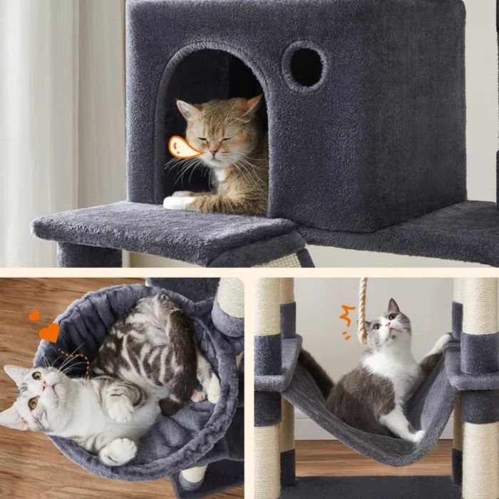 Драскалка за котки Dark Gray 206 см – XXL катерушка с къщички, хамаци и платформи!