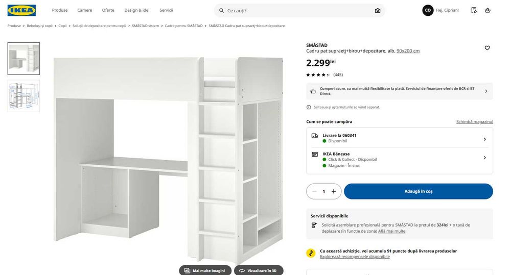 Pat copii supraetajat / suprapus IKEA, cu birou si spatiu depozitare, alb, saltea inclusa