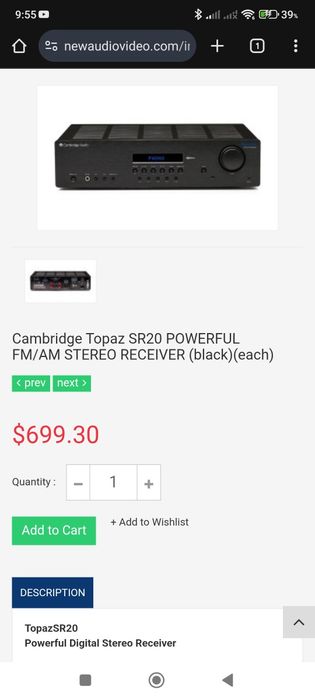 Cambridge Audio Topaz SR20, 100w/canal in 8 ohmi, optic,coaxial, sub out, tuner.